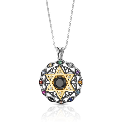 Filigree Pendant Hoshen, Star of David "Twelve Tribes"Silver & 9K Gold - The Peace Of God®