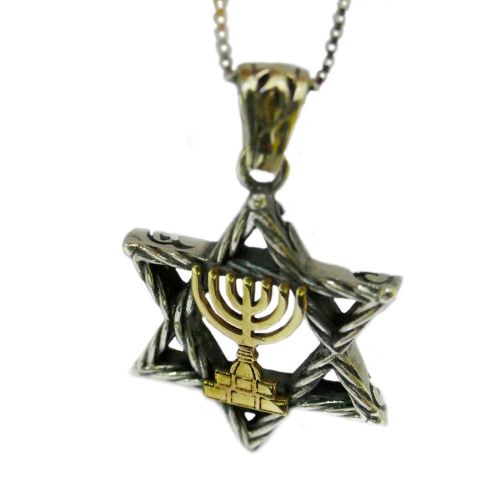 Pendant Kabbalah Star of David & Menorah  9k gold &  Silver - The Peace Of God®