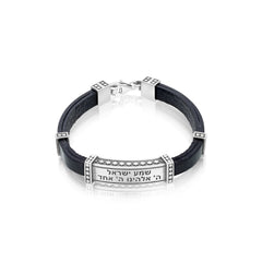 Bracelet Leather Shema Yisrael - Silver 925 ,Kabbalah Bracelet - The Peace Of God®