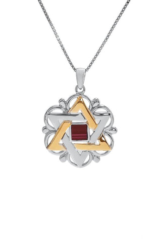 Nano Sim OB Silver and 9K Gold Pendant - Star of David with Floral Shape - The Peace Of God®