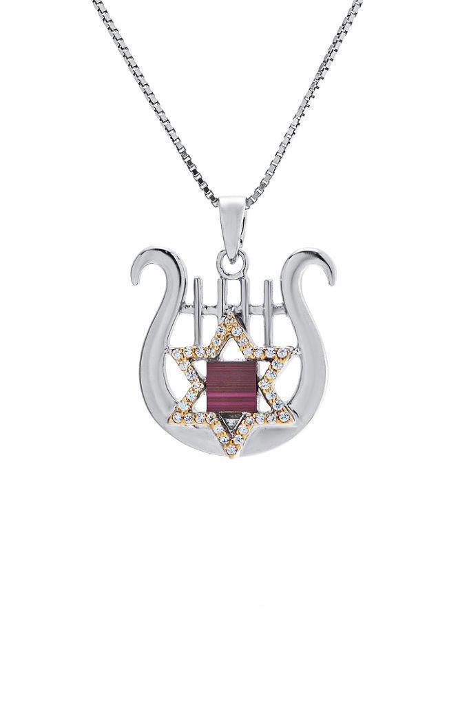 Nano Bible Sim Silver and 9K Gold Pendant - David's Harp and Star of David Studded with Zircons - The Peace Of God®