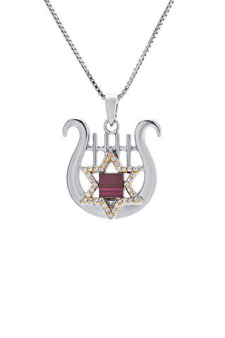 Nano Bible Sim Silver and 9K Gold Pendant - David's Harp and Star of David Studded with Zircons - The Peace Of God®